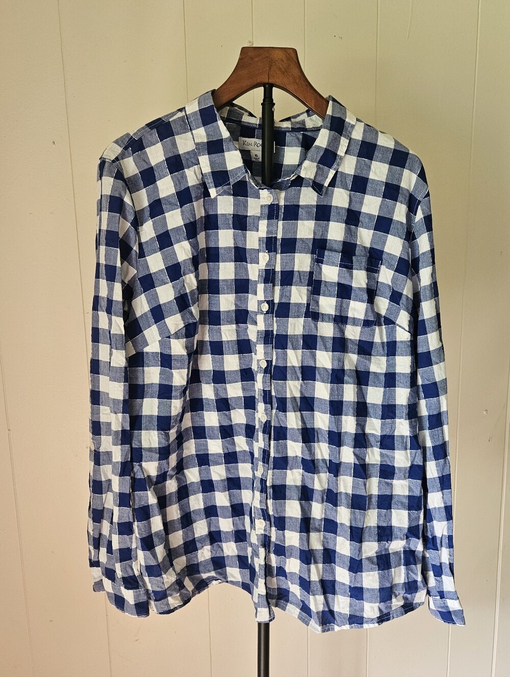 Kim Rogers Blue and White Check Casual Button-Down Shirt Size XL